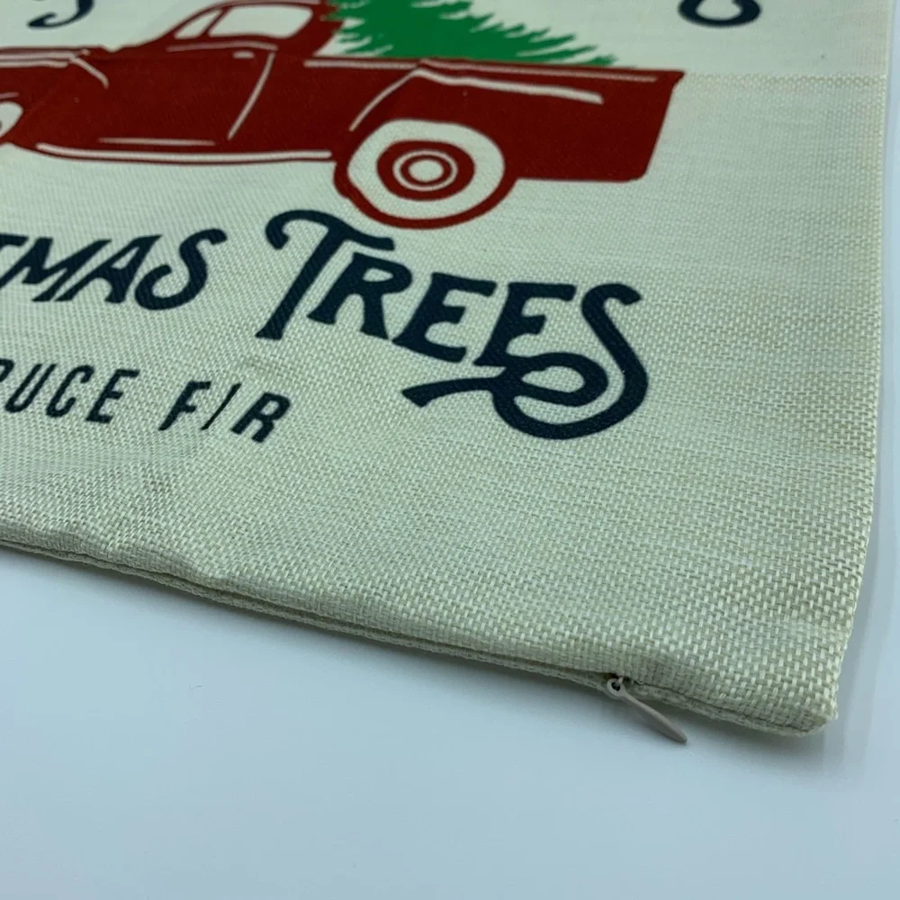 Decorative Pillowcase Burlap Tan Red Green Merry Christmas Holiday Truck Tree - Picture 4 of 6